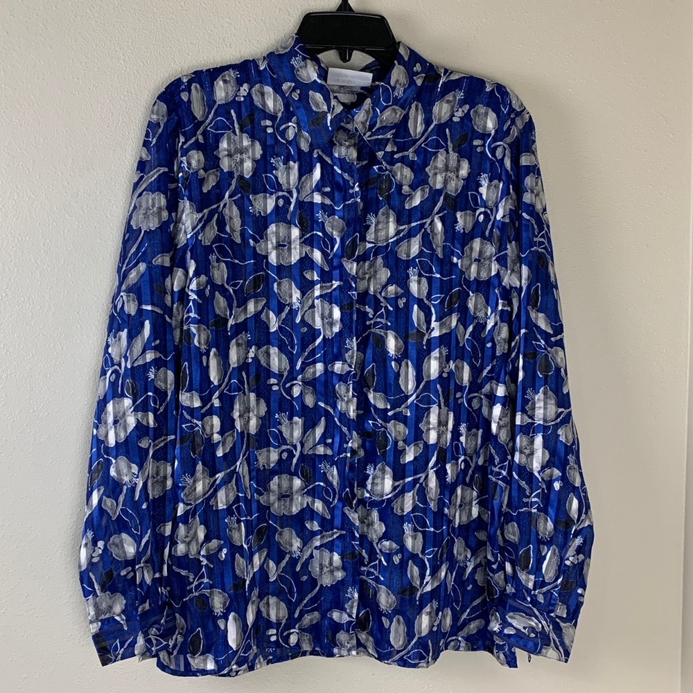 Alfred Dunner Top Blue & White Floral Design Size 16